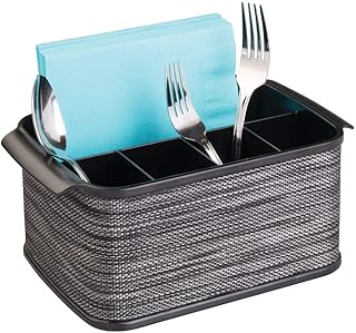 mDesign Besteckhalter mit Griffen – dekorativer Besteckkorb für Küche, Garten oder Picknick – mit großem Fach zur Aufbewahrung von Servietten – smoke/schwarz