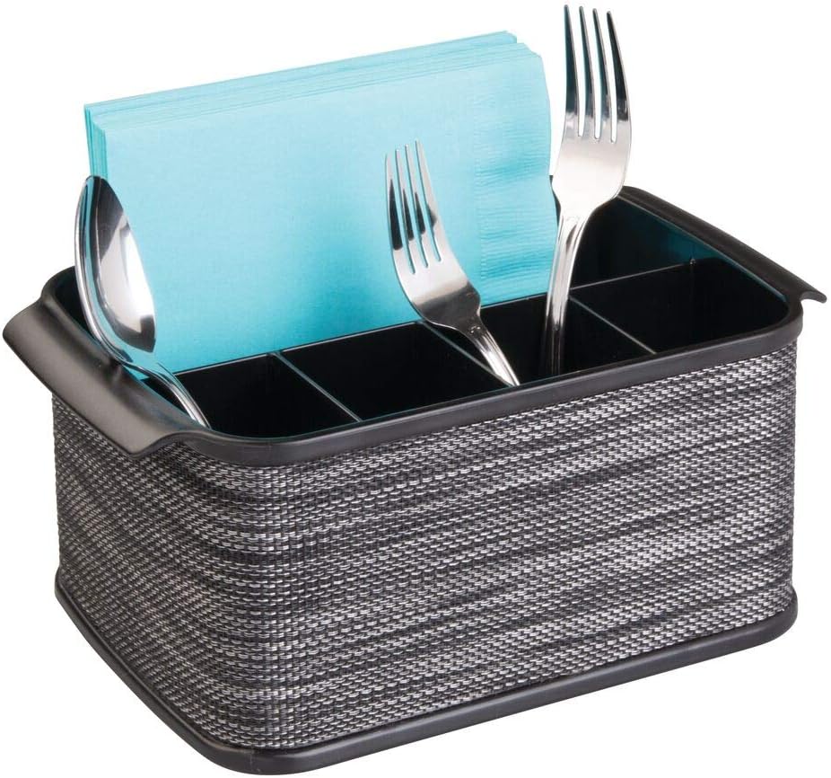 mDesign Besteckhalter mit Griffen – dekorativer Besteckkorb für Küche, Garten oder Picknick – mit großem Fach zur Aufbewahrung von Servietten – smoke/schwarz
