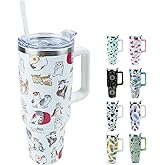 Lumumanber 40 oz Tumbler with Handle and Straw, Stainless Steel Insulated Cup with Leak Proof Lid and Straw Lid, Keep Drinks Cold and Hot for Hours(Cat)