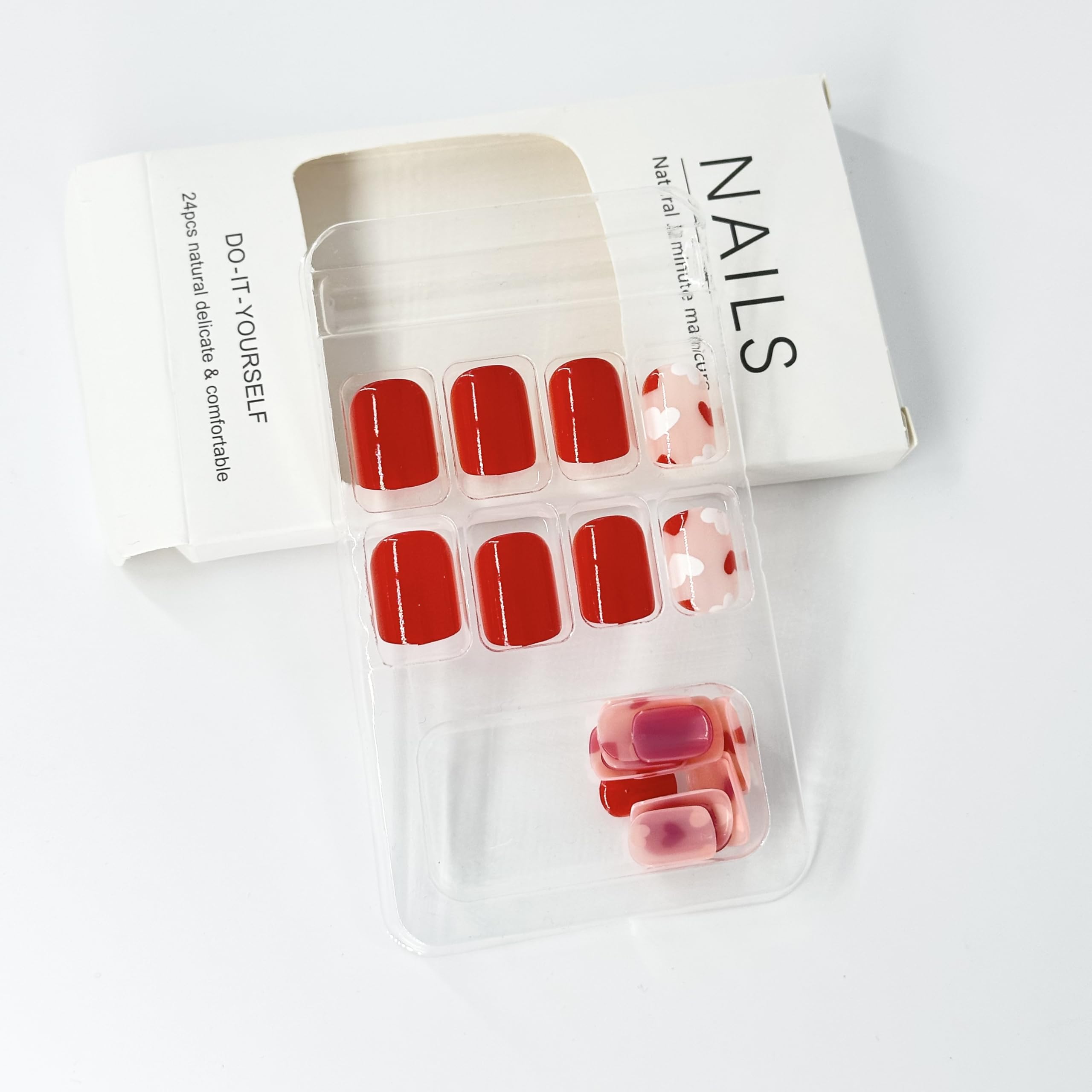 OCOUYVD Heart Press on Nails Short Square Valentines Fake Petite Red Stick on Full Cover False With Red White Heart Designs Acrylic Glossy Artificial for Women Girls - Image 5
