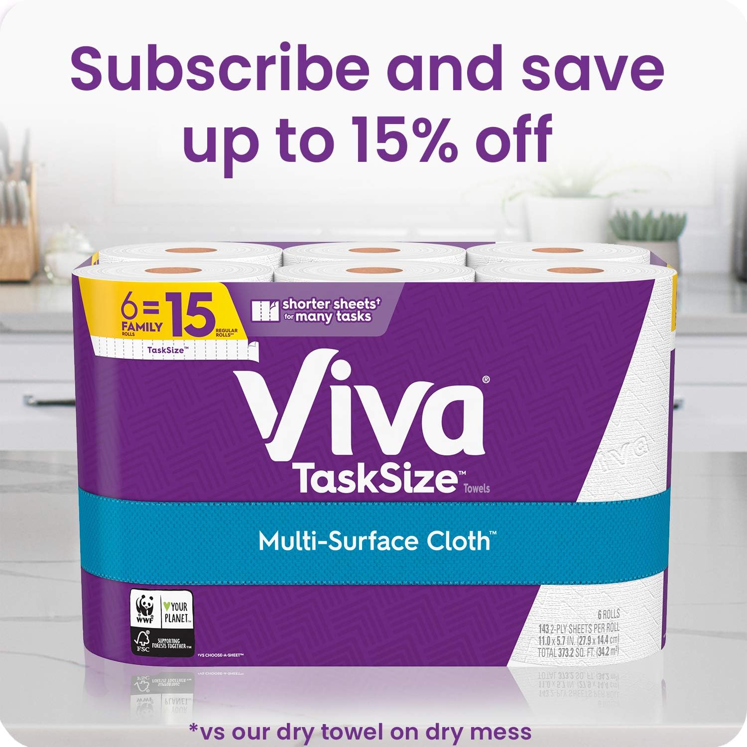 Viva Multi-Surface Cloth TaskSize Kitchen Paper Towels, White, 2 Packs of 6 Family Rolls (12 Family Rolls = 30 Regular Rolls): Health & Personal Care