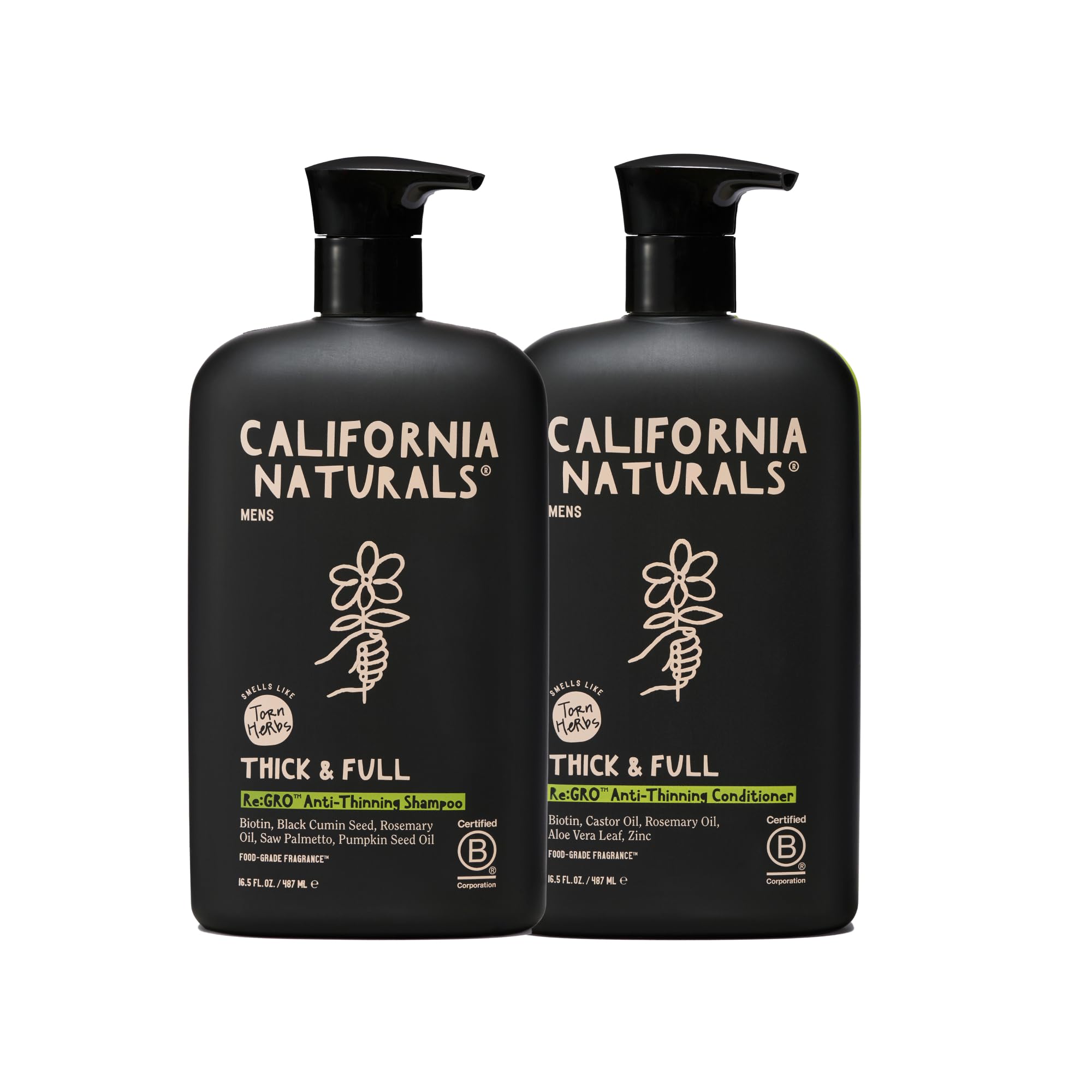 Photo 1 of California Naturals Mens Re:Gro Shampoo and Conditioner Duo Set, Anti-Thinning & Hair Growth Support, All Hair Types, Vegan, Natural, Cruelty, Silicone, Paraben & Sulfate Free for Men, 16.5 oz