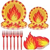 Newtay 125 Pcs Fire Party Supplies Decoration Include 50 9 and 7 Inches Paper Fire Plates 50 Disposable Flame Cocktail Napkins 25 Red Plastic Forks for Firefighter Fireman Party Tableware Supplies