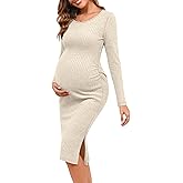 Ficerd Women's Ribbed Knit Maternity Dresses Long Sleeve Pregnancy Bodycon Dress 2025 Split Stretchy Clothes for Baby Shower