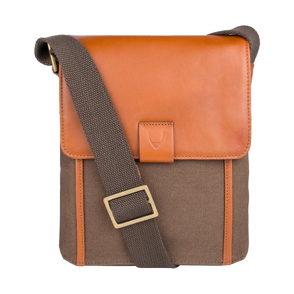 Hidesign Aiden Genuine Leather and Canvas Mini Crossbody Men/Women Messenger Bag/Travel Bag / 10.5" iPad Bag, Light Tan