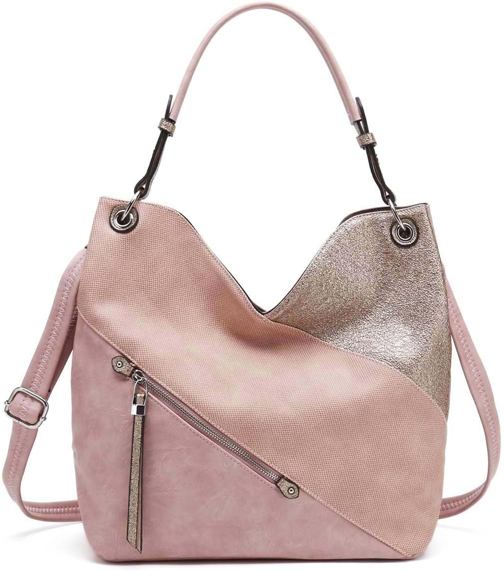 WAWJ Multi-color Buckle and Striped Large Hobo Bags Ladies Canvas Tote Travel Messenger Bag Shoulder Handbag (Multicolor) (Pink)