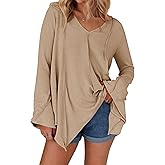 Tankaneo Womens Long Bell Sleeve Tops V Neck Asymmetrical Hem Ribbed Shirts Flowy Trendy Loose Fit Tees Tunic Shirts