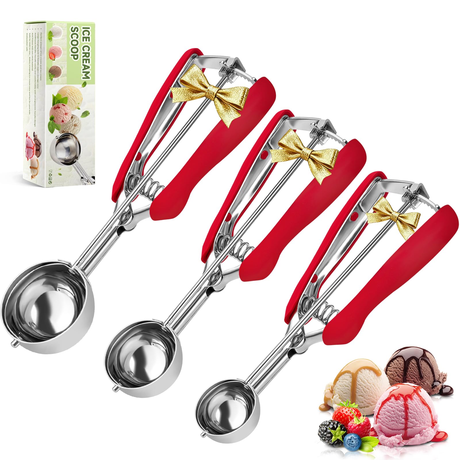 SPEENSUN Ice Cream Scoop of Rubber Easy Trigger Set of 3 PCS(4/5/6cm),Melon Baller Scoop,Stainless Steel Cookie Scoop,Durable and Effortless for Ice Cream,Melon Baller,Mash Potato and Baking