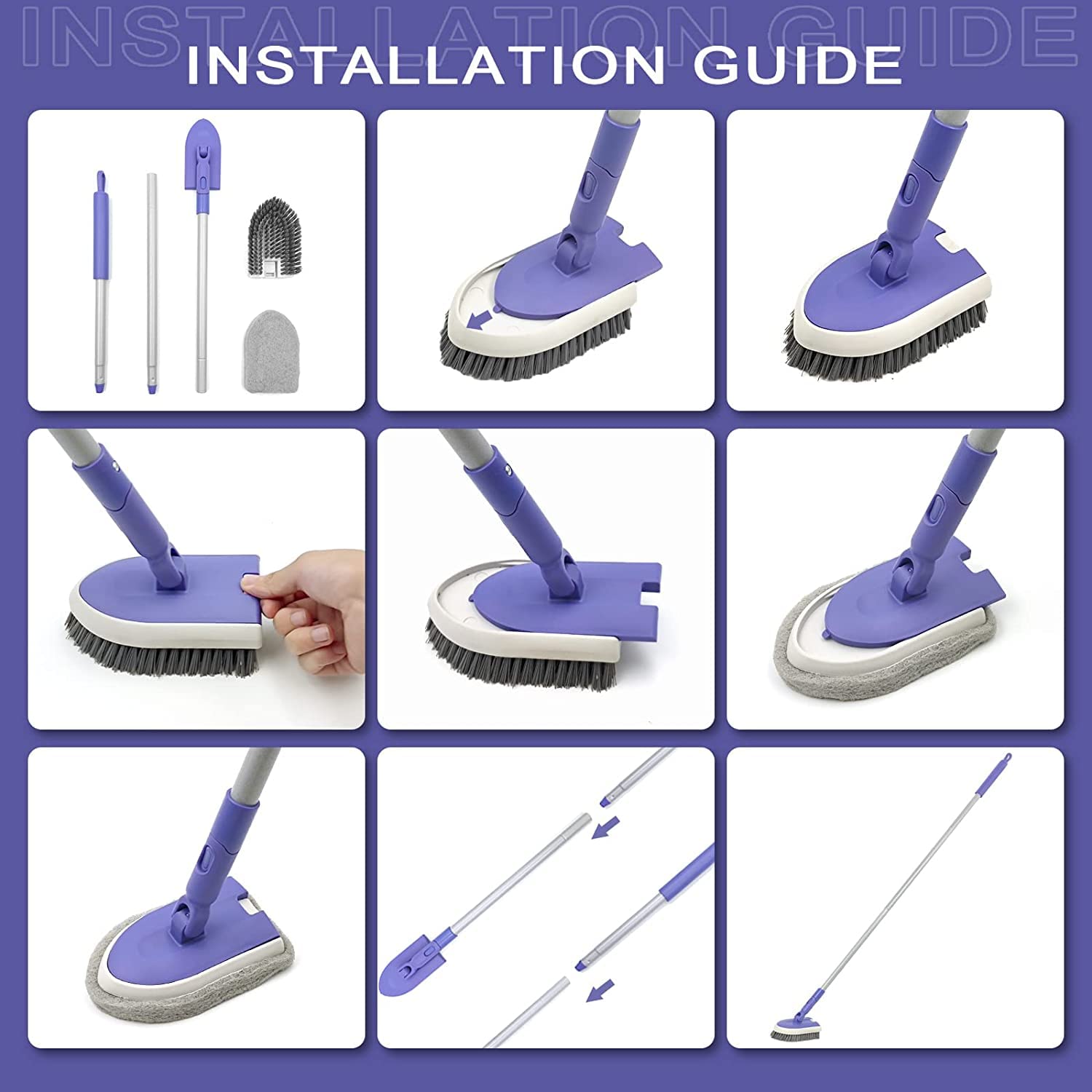 ZUBULUN Cleaning Brush with 118 cm Long Handle, 2-in-1 Scrubber with Handle, Hard Bristles with 2 Floor Scrubbers, Cleaning Brush, Wall, Kitchen, Shower Bath, Floor
