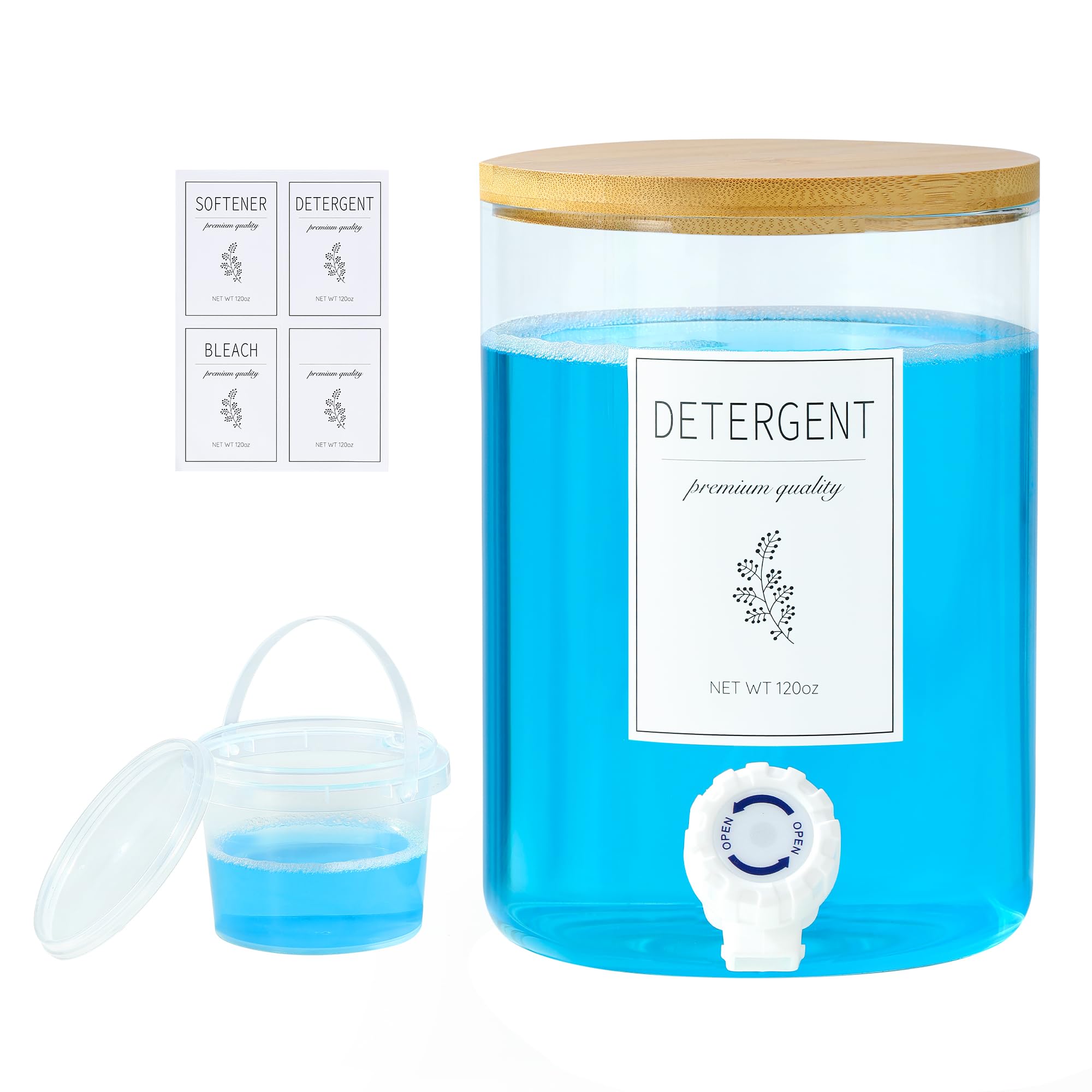 Photo 1 of 1 Glass Laundry Detergent Dispenser with Black Bamboo Lid - 120 Oz Liquid Detergent, Laundry Soap & Fabric Softener Dispenser for Laundry Room Organization and Storage with 1 Cups & 4 Labels