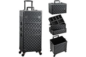 Adazzo Professional Rolling Makeup Train Case 4 in 1 Aluminum Trolley Case with 360° Rotation Wheels for Makuep Artist Cosmetic Suitcase Organizer with Lock and Key - Holographic Grid