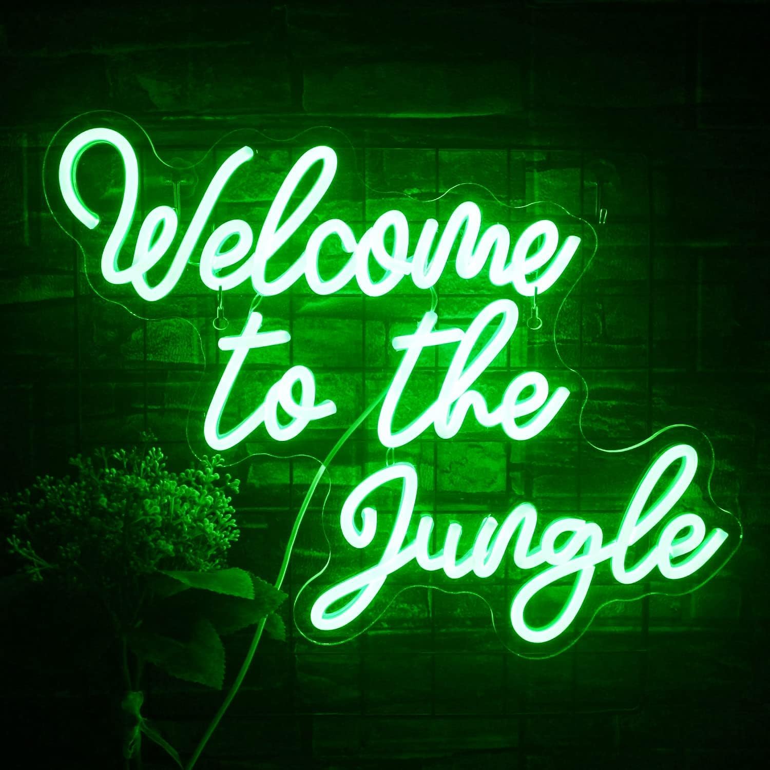 Photo 1 of FAXFSIGN Welcome to the Jungle Neon Sign Jungle Decor Green Led Word Neon Light Signs for Wall Decor Usb Letter Light Up Sign for Garden Home Entryway Front Porch Party Gift