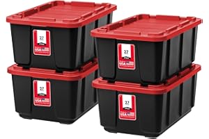 IRIS USA 27 Gallon Heavy Duty Truck Bed Toolbox Storage Tote Bins with Lids, 4 Pack - Made in USA, Tough Snap On Lockable Lid Stackable Industrial Tubs, Garage Organization Reusable Box - Red