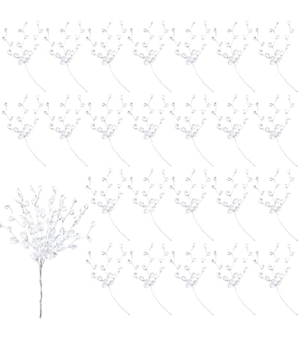 16 Stems Acrylic Crystal Flower Bouquet - Silver Glitter Berry Branches With Beaded Design | Artificial Floral Arrangement For Wedding & Home Decor