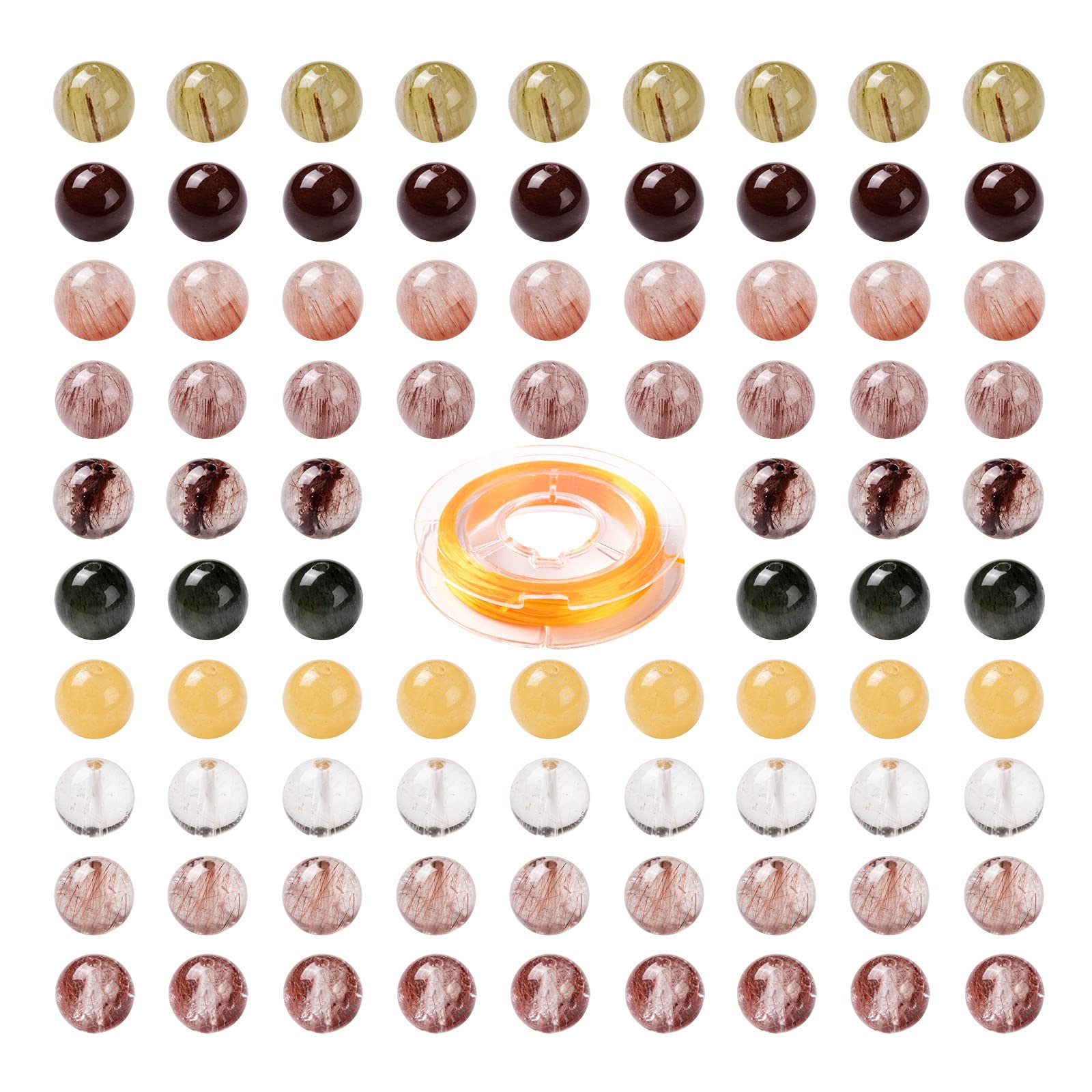 BEEFLYING 100 Pcs 8mm Round Natural Rutilated Quartz Beads Mixed Color Round Loose Beads for DIY Stretch Bracelets Kits Making