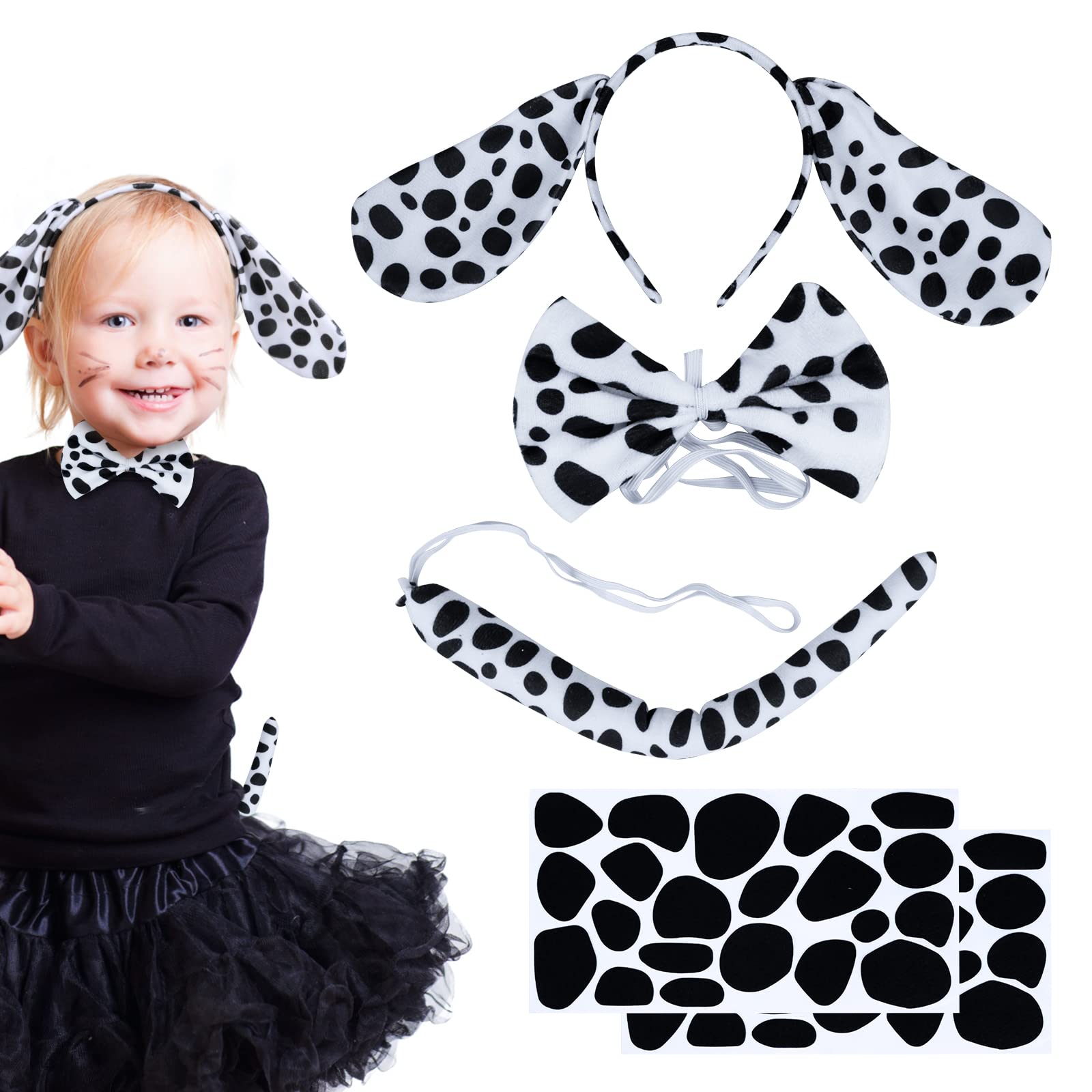 SUNYOK 3 Pcs Kids Dalmatian Costume Accessories, Dog Ears Headband Tail Bow Tie, Aniaml Fancy Dress Dalmatian Outfit for Boys Girls Carnival World Book Day Cosplay Dress Up