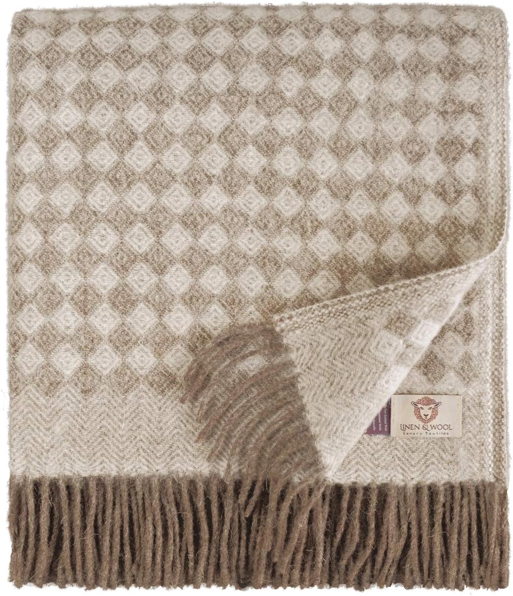 Linen & Cotton Soft and Beautiful Diamond Twill Wool Throw/Blanket PARIS, 100% New Zealand Lambswool