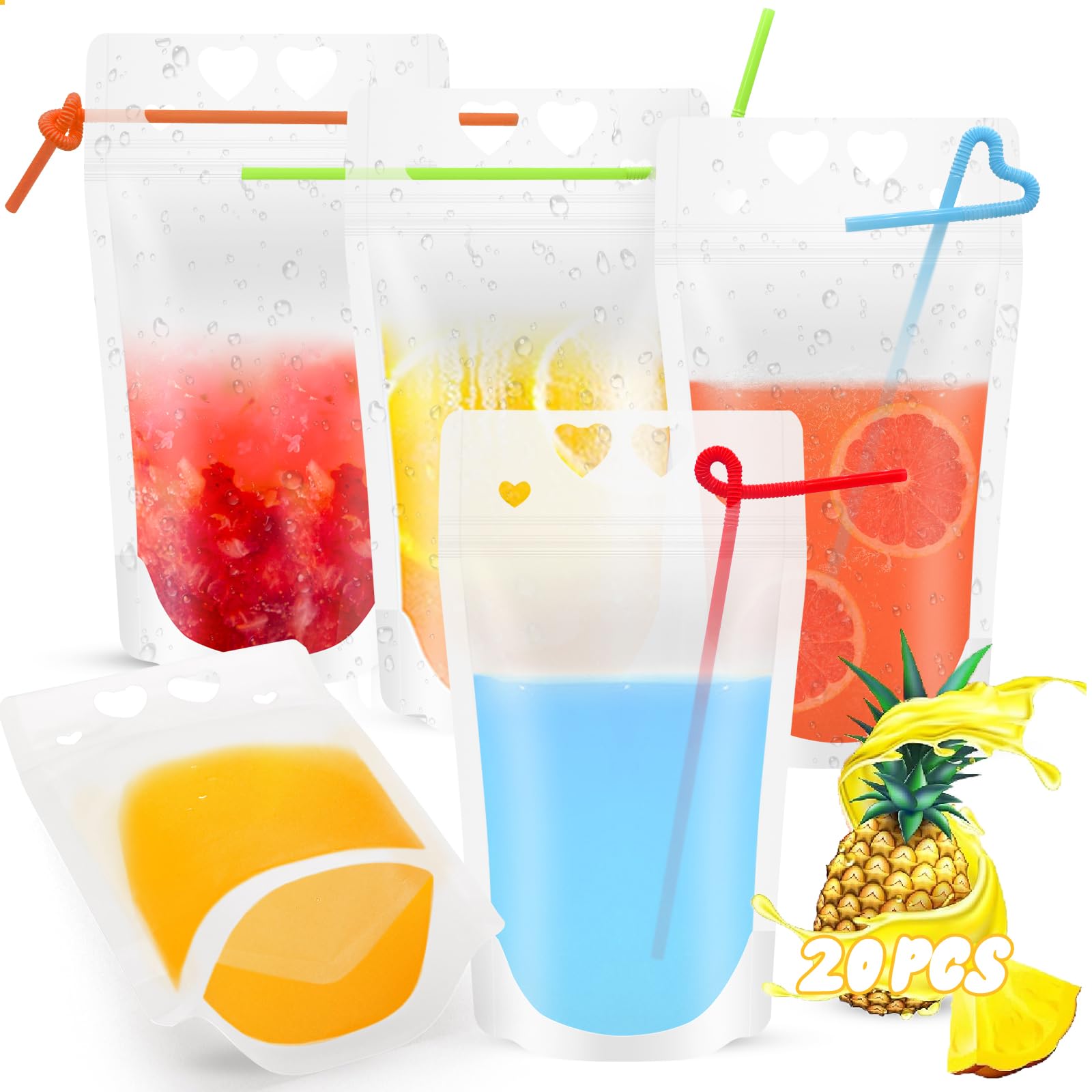 20 Pack Reusable Clear Drink Pouches with Straws, Stand Up Drink Bags 500 ML Juice Bags for Festivals Party Picnic Travel Camping Beach