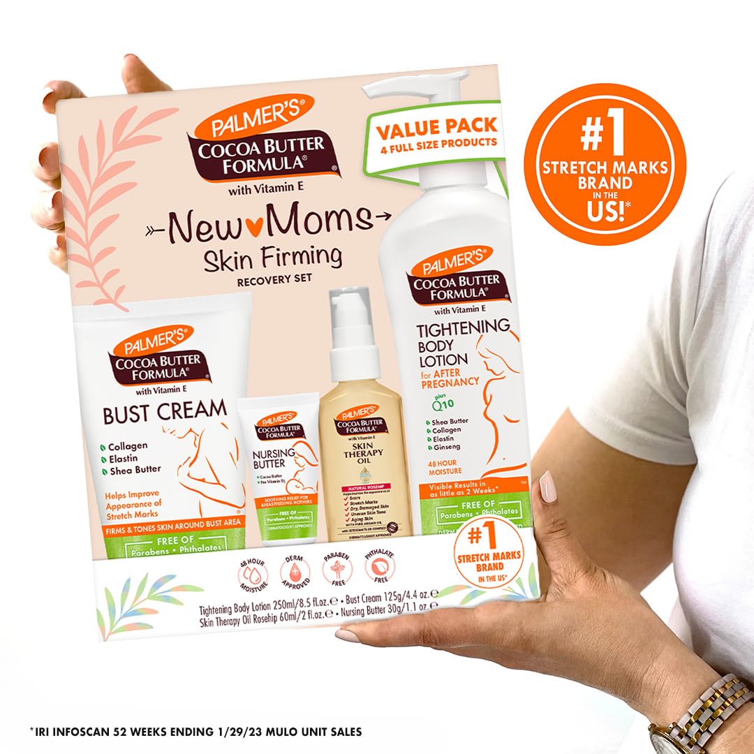 Palmer's Cocoa Butter Formula New Moms Skin Recovery Postpartum Essentials, Body Lotion (8.5 oz) + Nursing Butter (1.1 oz) + Bust Cream (4.4 oz) + Skin Therapy Oil (2 oz), Dermatologist Approved