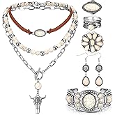 Ecally Bohemian Western Jewelry Turquoise Set Women Country Pendant Long Choker Layered Bracelets Earrings Ring for Women