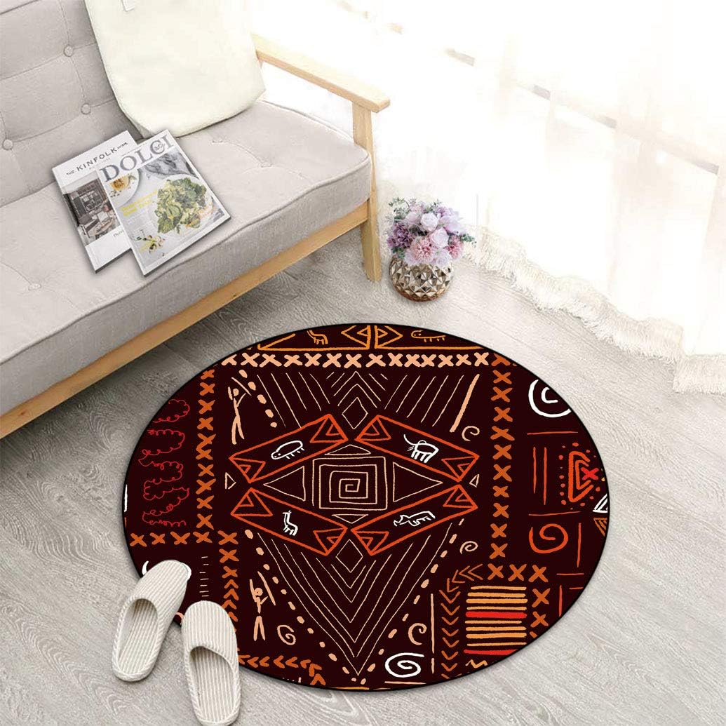 Tribal Decor Washable Round Floor Mat, Aboriginal Style Patterns Tribal Motifs and Objects
