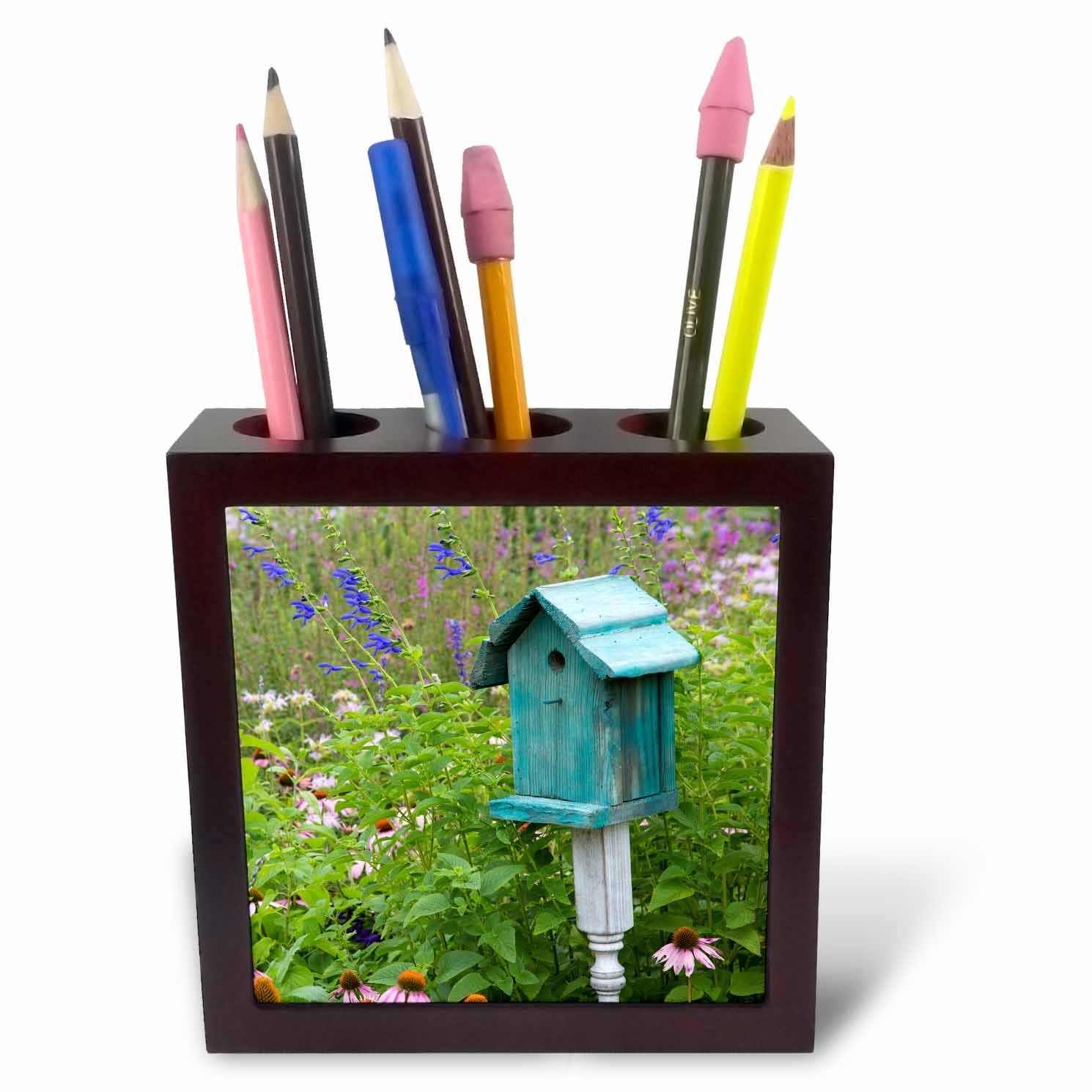 3dRose Blue Birdhouse in Flower Garden, Marion County, Illinois - Tile Pen Holder, 5-Inch (Ph_259343_1)