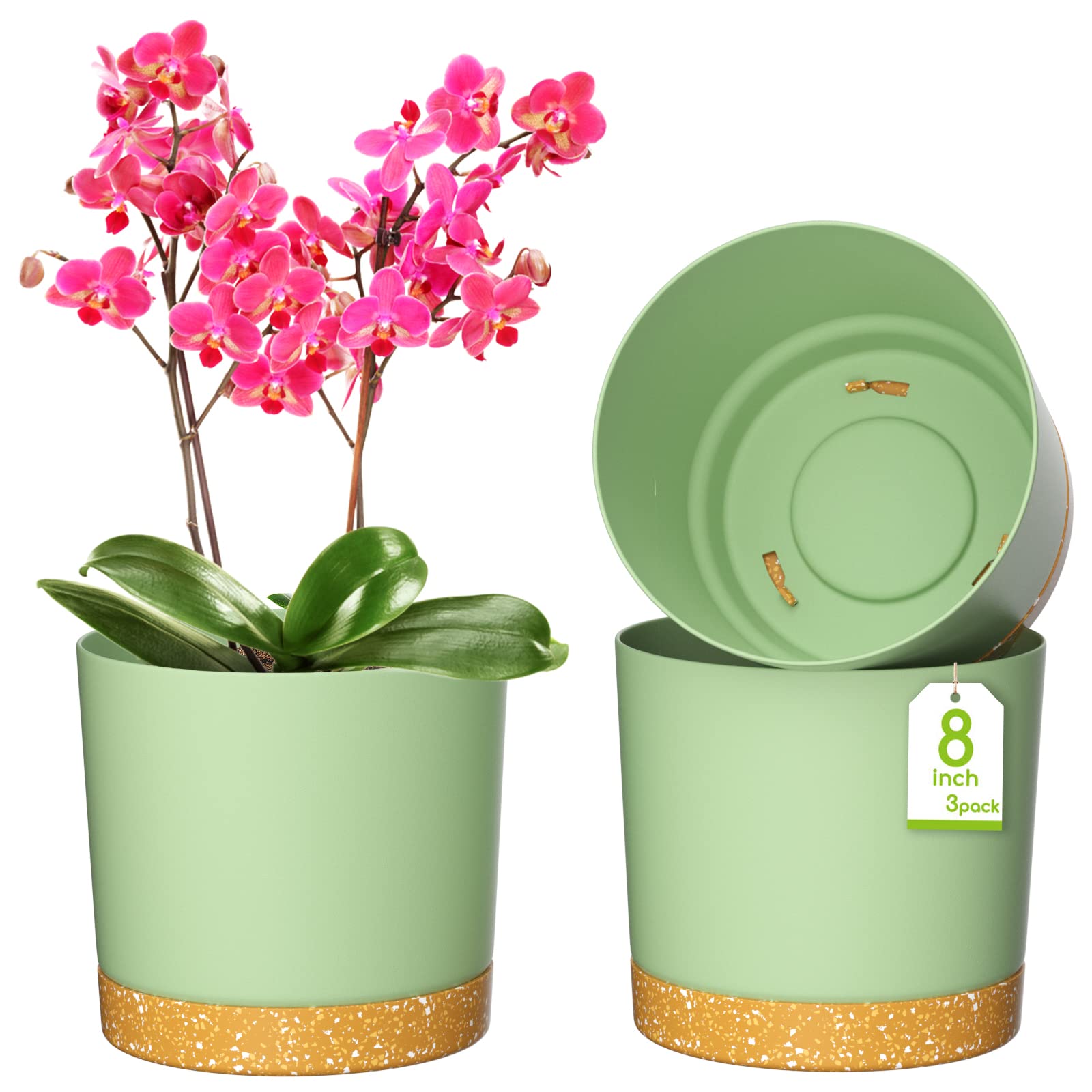 ZMTECH 20cm Plant Pots, Modern Planters with Drainage Holes and Detachable Saucer, Plastic Flower Pots for Plants for House Garden Windowsill (Set of 3, Green)