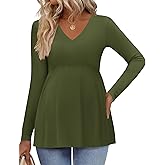 Ekouaer Women's Maternity Shirts Long Sleeve Pregnancy Tops for Women V Neck Tunic Blouses Clothes