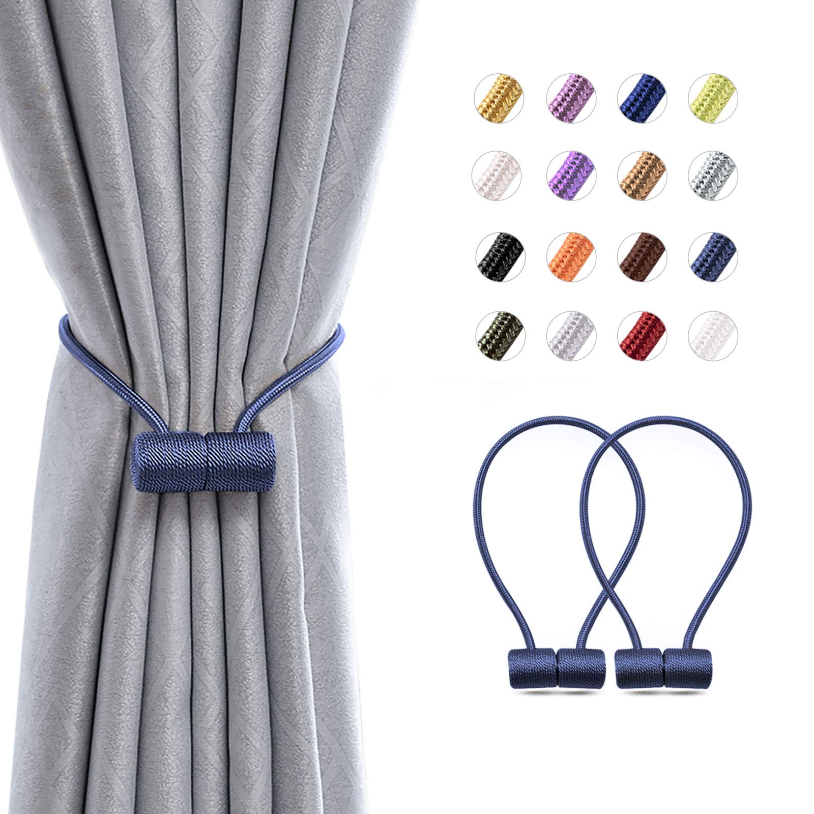 Pretty Jolly 2 Pack Magnetic Curtain Tiebacks 16 Inch Modern Handmade Weave Rope Curtain Holdbacks Convenient Decorative Curtain Drape Tie Backs for Home and Office Window Drapery (Navy)