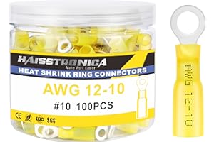 haisstronica 100PCS Heat Shrink Ring Terminals #10 Marine Grade Wire Connectors Yellow AWG 12-10 Gauge, Tinned Red Copper 1mm Resistant Ring Connectors, Brazed-Seam Insulated Electrical Crimp
