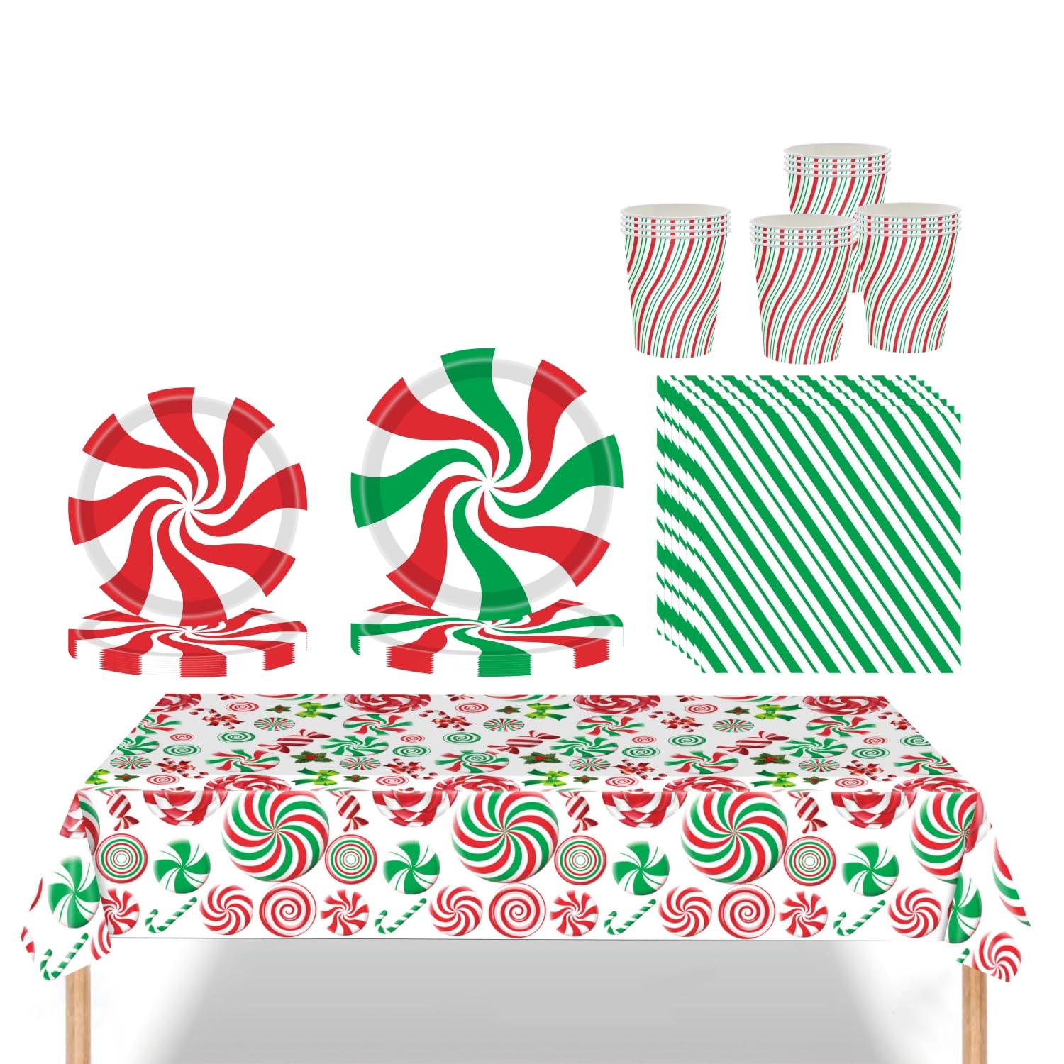 69Pcs Christmas Party Lollipop Tableware Set Decor,Lollipop Paper Napkins Cups and (7in + 9in) Paper Plates for Christmas Dinnerware,1P Lollipop Tablecloth,Red Green Paper Dinnerware Xmas Decor Party