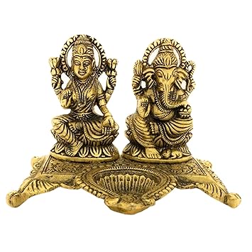 Ascension Designer Leaf Base Laxmi Ganesh Idol Showpiece Oil Lamp Diya Deepak Metal Lakshmi Ganesh Statue for Diwali Home Decoration Items puja Lakshmi Ganesh Murti Metal