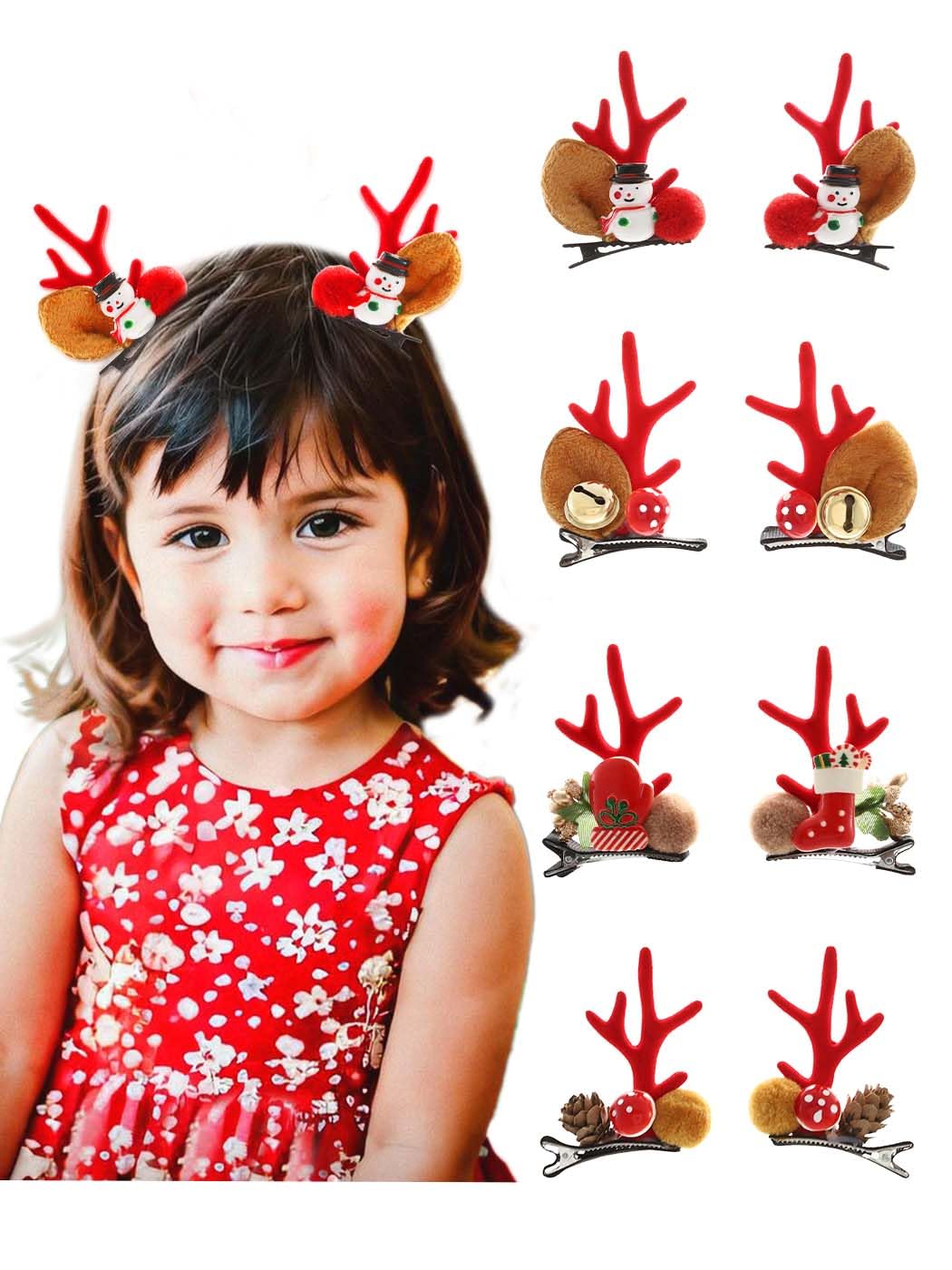 IYOU Christmas Hair Clips Set Red Reindeer Antler Hair Accessories Deer Ears Christmas Party Hairpins for Women and Girls(Pack of 4)