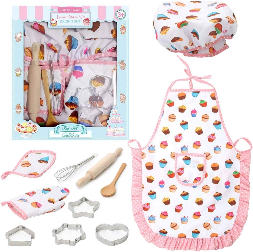 Kids Chef Role Play Costume Set, 11PCS Toddler Cooking and Baking Set with Apron, for Dress Up Chef Costume Career Role Play