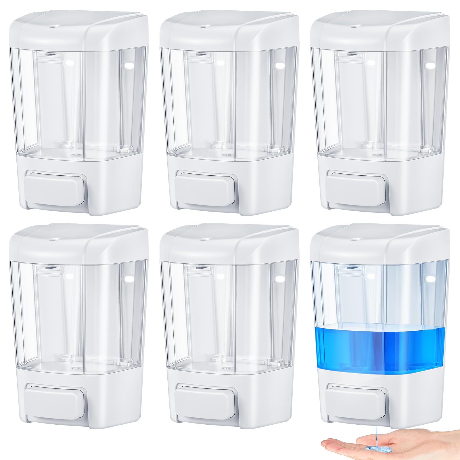Photo 1 of Hushee 6 Pcs Plastic Wall Mounted Soap Dispenser Commercial Manual Soap Dispenser Containers for Kitchen Shower Hotel Liquid Shampoo Gel Chamber(White,33.8 oz 1000ml)