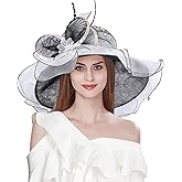 Z&X Women Organza Church Derby Hat Wide Brim Sun Hats for Wedding Tea Party Fascinator Hat, Dual-use