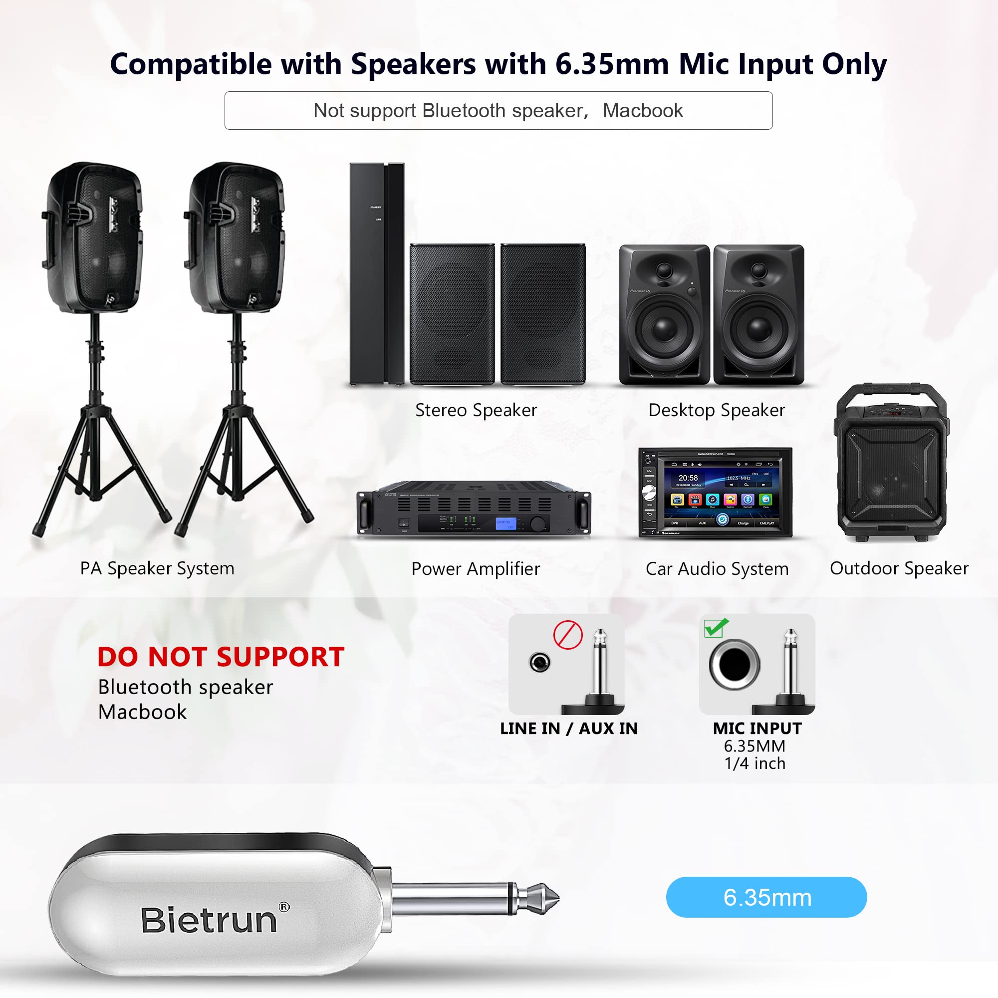 Bietrun UHF Wireless Microphone Headset, 165ft Range, Working Time 6H, 1/4''Plug, Wireless Headset Mic ＆Handheld Mic 2 in 1, for Karaoke Speaker, Amplifier, Speakers, PA System, Teaching, Fitness