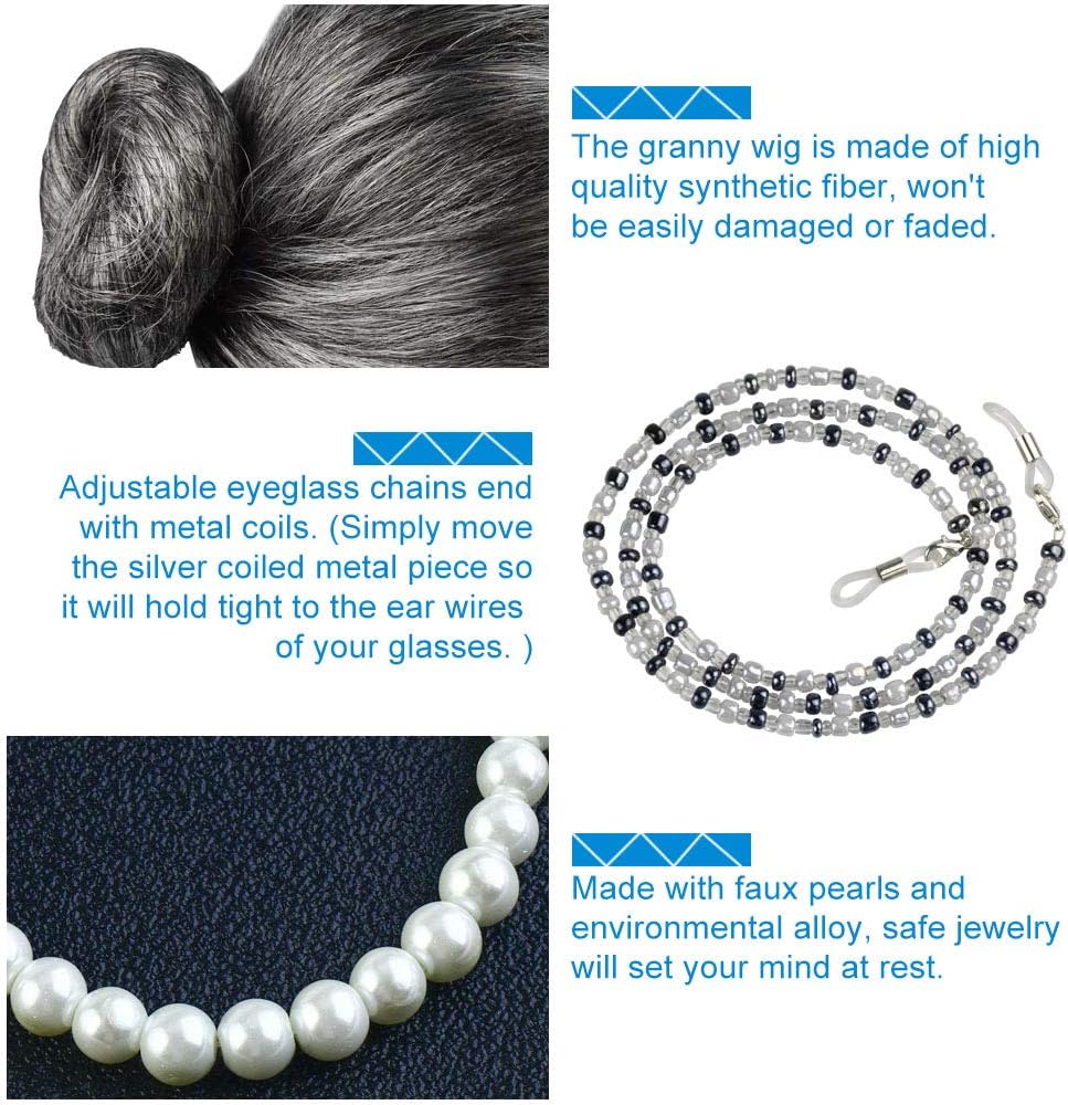 EMAGEREN 5 Pieces Old Lady Granny Wigs Silver Grandmother Wig Granny Wig Costume Old Lady Fancy Dress Cosplay Set Wigs Cap/Madea Grand Mother Glasses/Eyeglass Chains/Pearl Beads Necklaces for Dress Up - Image 4