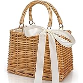 Pumtus Handwoven Rattan Handbag, Wicker Rectangle Basket Purse with White Ribbon, Summer Beach Top Handle Clutch, Boho Style Woven Purse, Rustic Flower Basket for Women, Travel, Vacation, Wedding