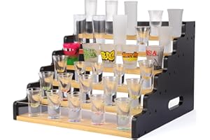 6-Tier Shot Glass Holder, Solid Wood Shot Glass Holder Display Rack, Shot Glass Storage Rack with Acrylic Baffle Display Rack