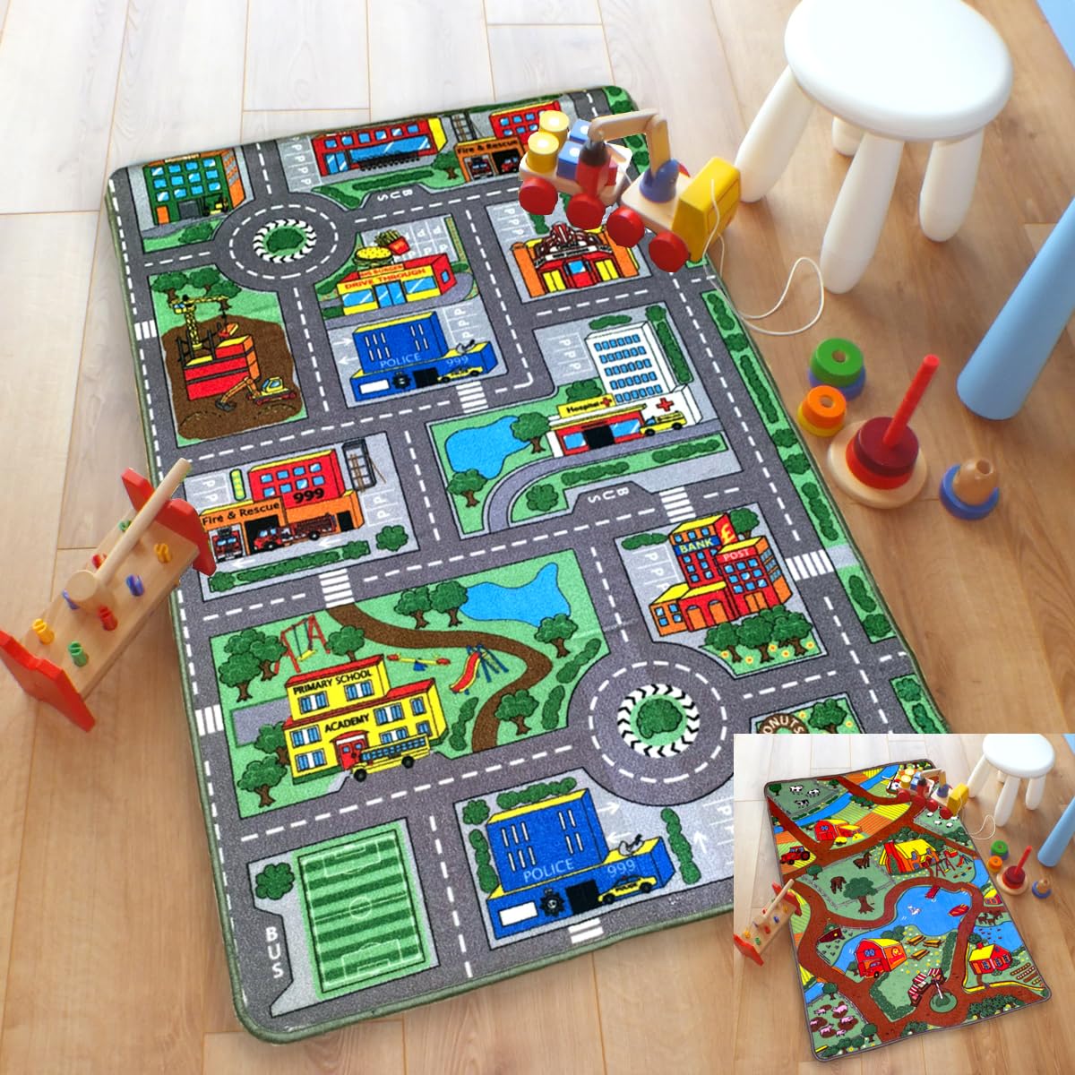 Reversible Road Map Farm Animal Cars Rug Play Mat 100cm x 165cm (3'3 x 5'4 approx)