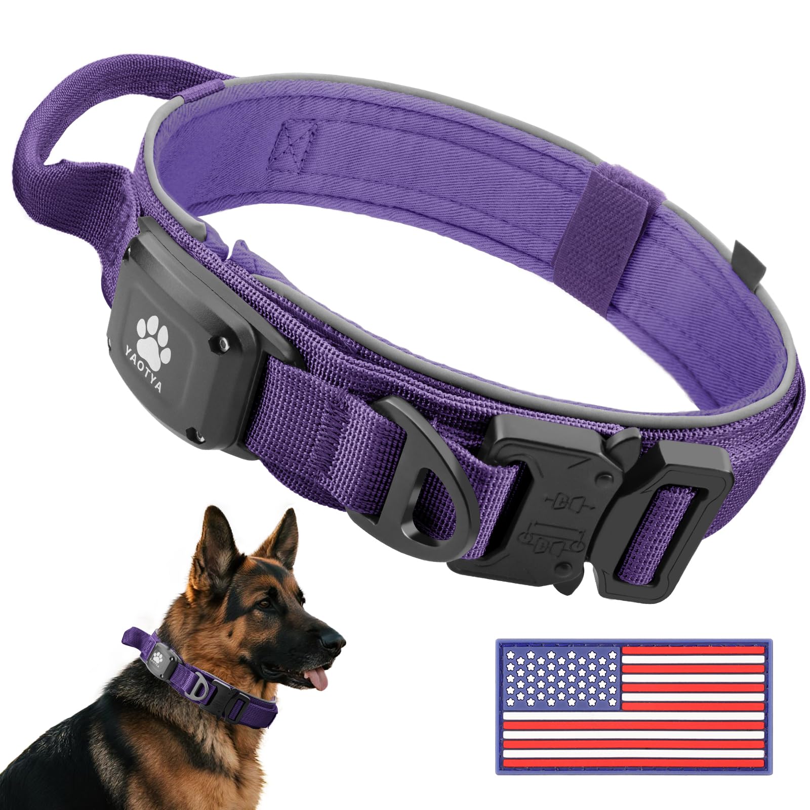 Photo 1 of 2026 Upgrade Dog Collar with IPX8 Waterproof AirTag Holder,Military Tactical Comfortable Control Handle and Ultra-Durable Metal Buckle in Night Reflective,GPS Collar for Medium to Large Dog?Purple/M?