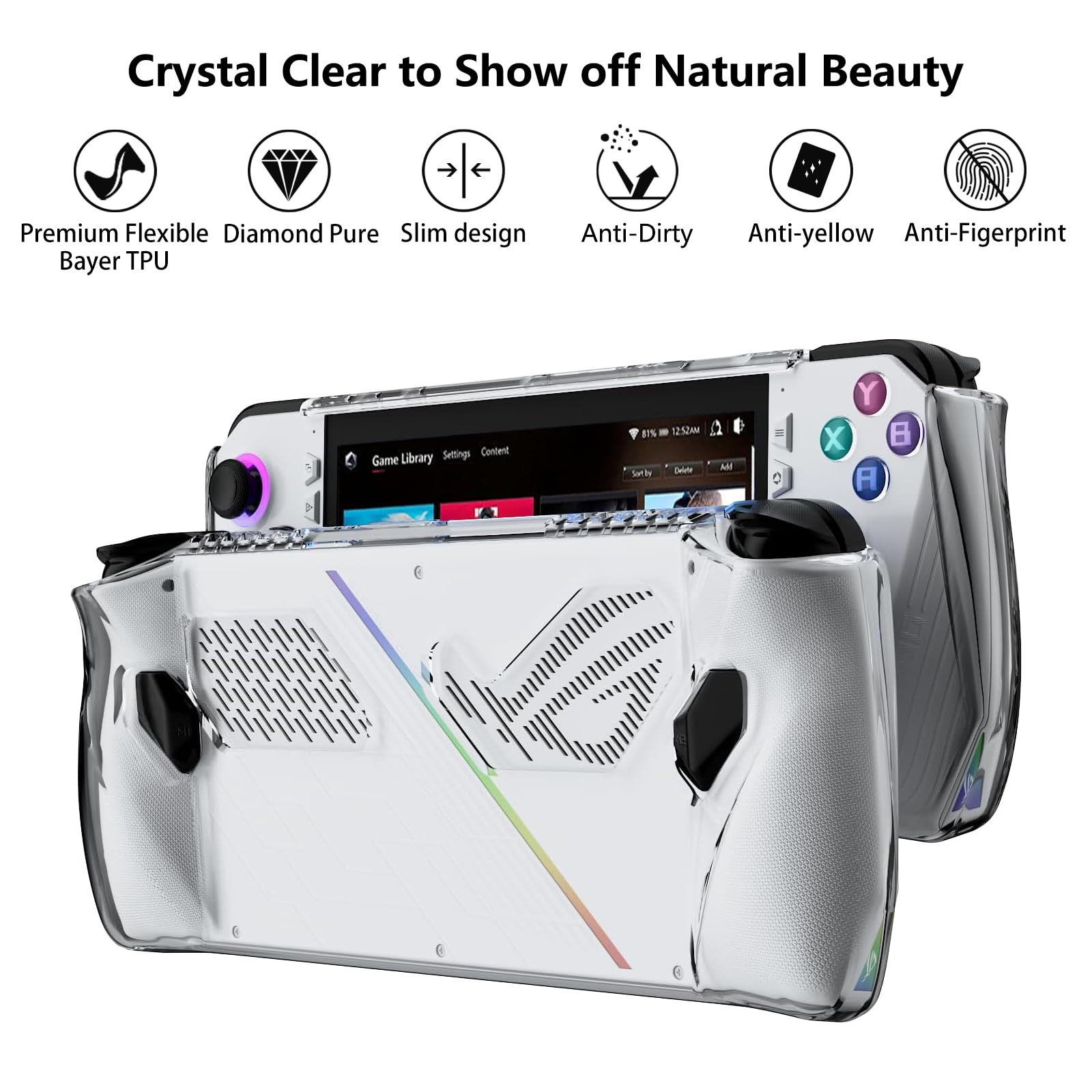 ROG Ally Case - Shockproof TPU Case with 4 Thumb Stick Caps - Lightweight Clear Gaming Accessory