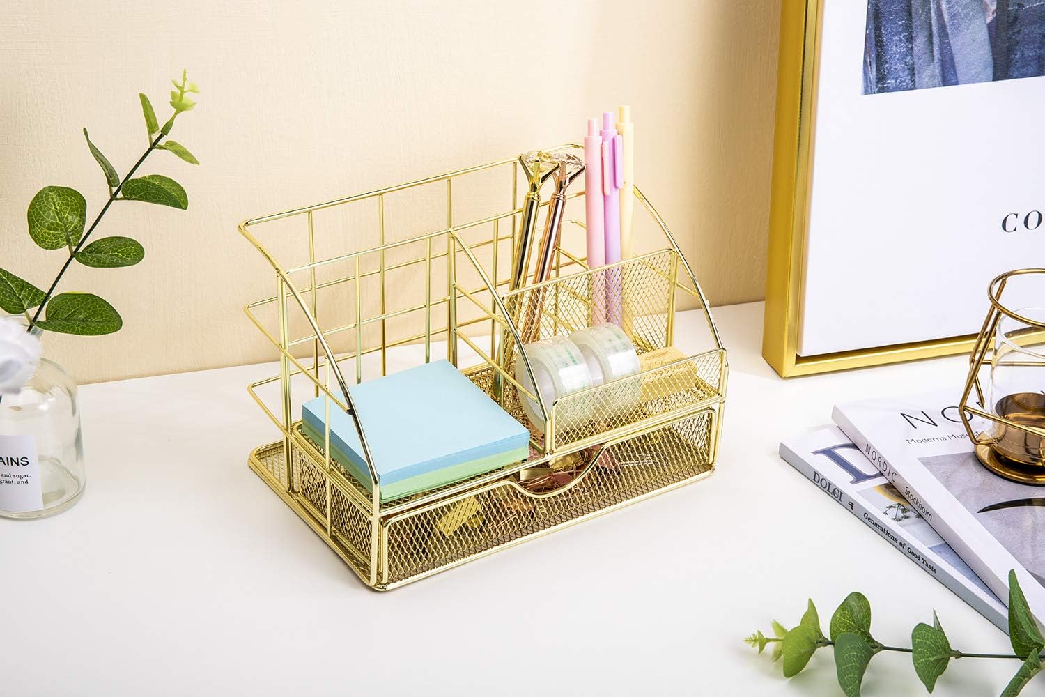 Upgraded Desk Organizer for Women, Cute Mesh Office Supplies Accessories Essentials Caddy with Drawer for Home & Office Desktop Organization & Decor, Gold : Office Products