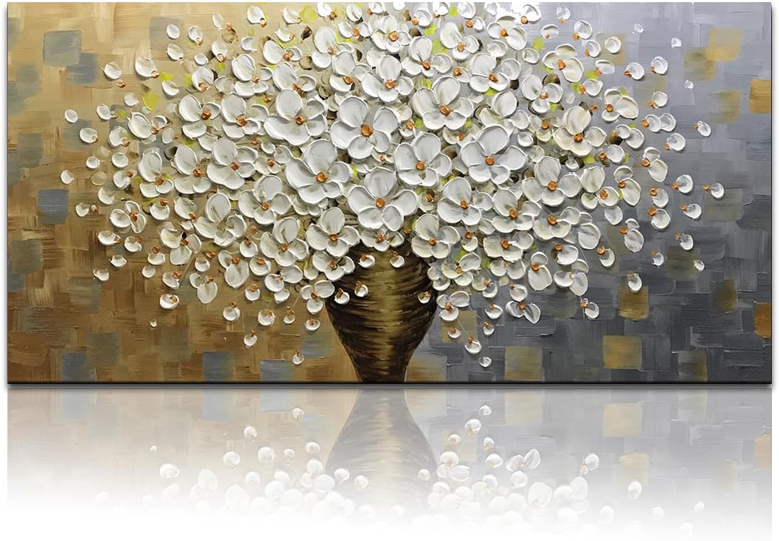 Paintings - Desihum Oil Painting, 24x48inch Wall Art on Canvas Handmade White Flowers Picture 3D Paintings for Living Room Modern Home Decor