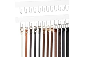 HOMEBROS Belt Hanger Wall Mount, Wooden Closet Belt Organizer with 24 Metal Hooks, Large Capacity, White, 2 Pcs