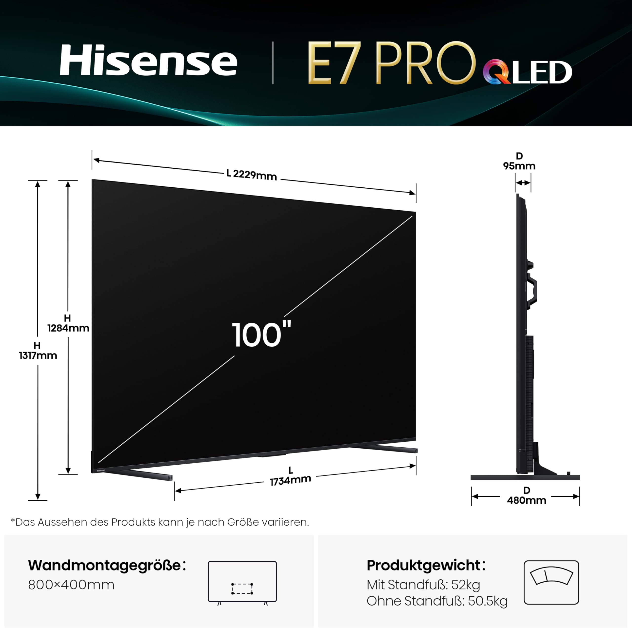 Hisense 100E7Q PRO Fernseher, 100 Zoll, 4K UHD QLED, Smart TV, 144Hz Game Mode, Filmmaker Mode, AMD FreeSync Premium, AI HDR Upscaler, Built-in Subwoofer, Sprachsteuerung, 2025 2