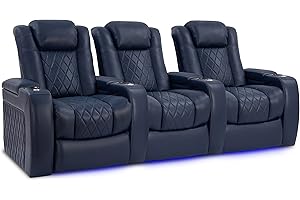 VALENCIA THEATER SEATING Valencia Tuscany Home Theater Seating | Premium Top Grain Italian Nappa 11000 Leather Power Recliner Chair with Lumbar Support & Headrest (Row of 3, Navy Blue)