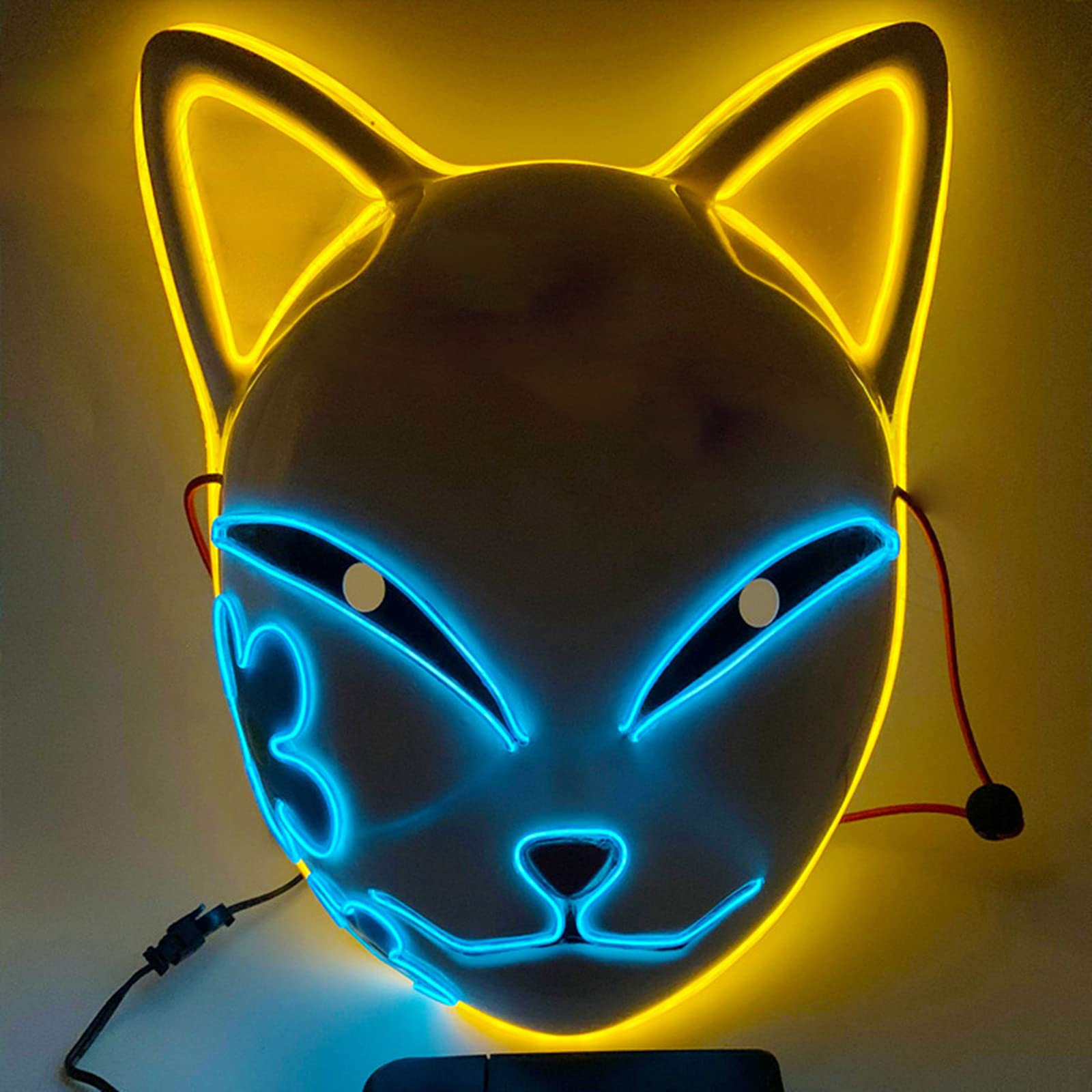 SINSEN Demon Slayer Fox Mask LED Cosplay Cat Mask Japanese Anime Halloween Costume Props for Adults (Yellow)