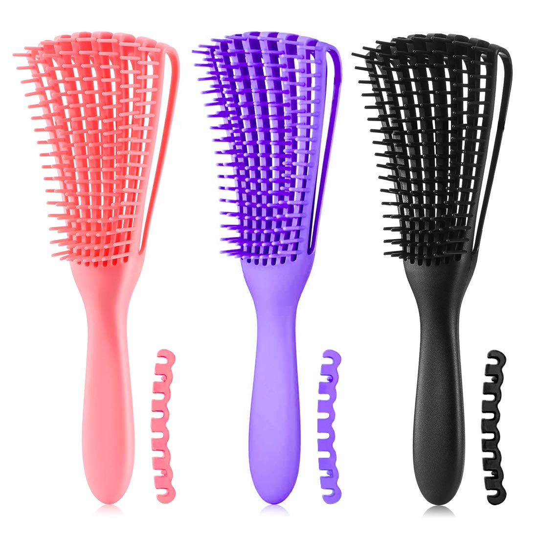Detangling Brush for Afro American/African Textured 3a to 4c Kinky, Wavy, Curly, Coily Hair - Scalp Massaging Knot Remover Comb for Women's Wet, Dry, Oily, Thick or Long Hair (3 pcs, Purple-B-P)